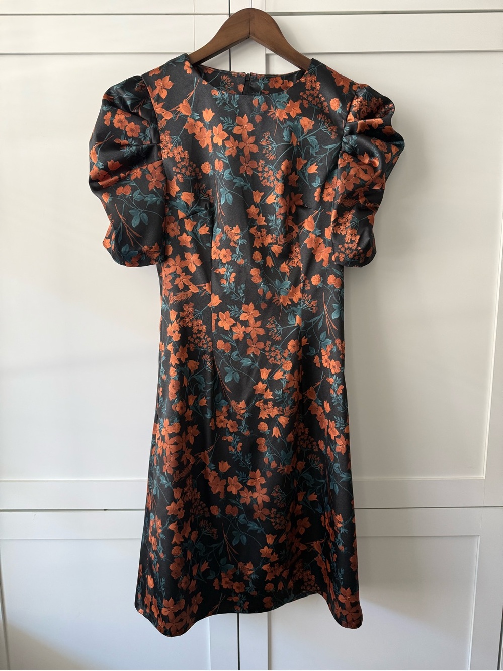 Handmade Floral Puff Sleeve Dress XS S Black Orange Cottagecore Midi